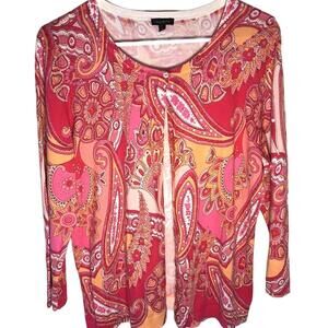 Talbots Pink Paisley Retro  fall Cardigan Sweater Womens Size L  Lightweight